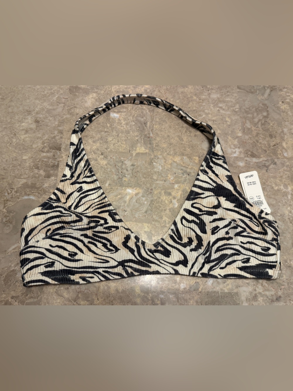 Aerie Black and Cream Zebra-Print Bikini Top NWT